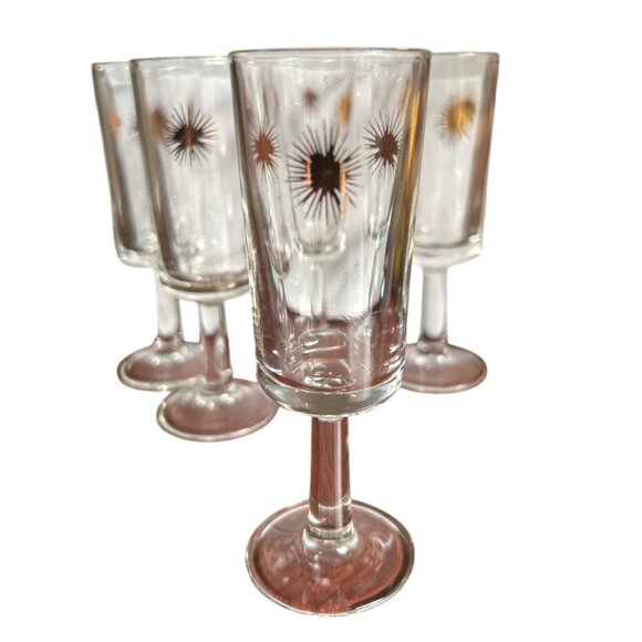 Vintage 1960s Atomic Starburst Cordial Glass Footed 4.5" Tall MCM Set Of 5 - Picture 2 of 5